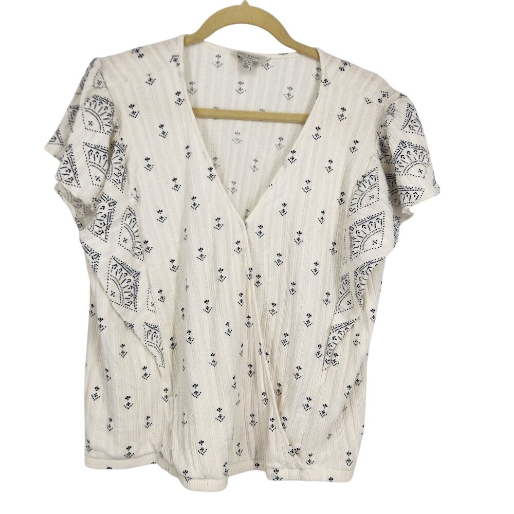 Lucky Brand White & Navy Print Blouse Butterfly Sleeve